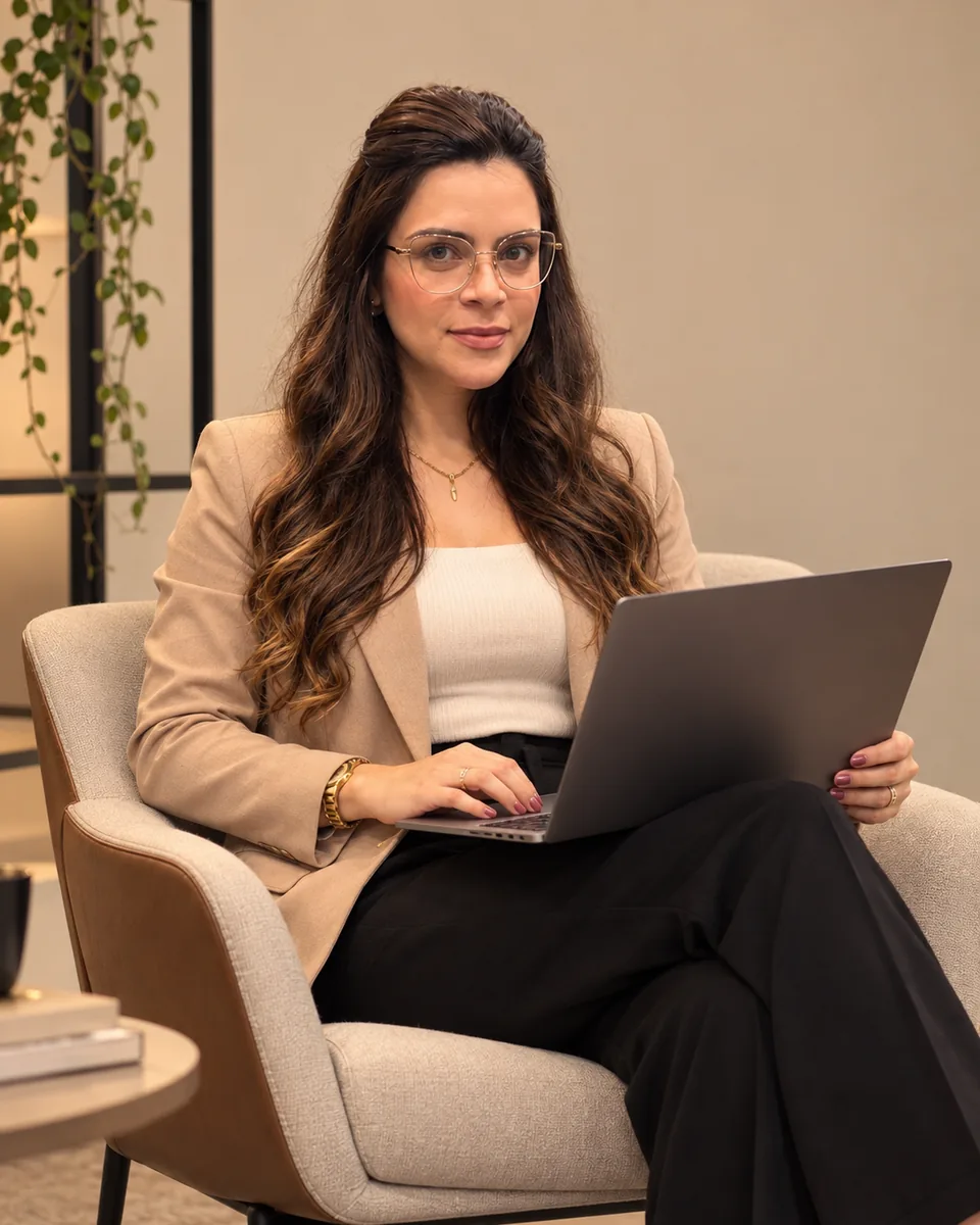 Amandda Vidal sentada em uma poltrona, trabalhando no notebook